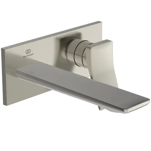 Wandarmatur mit flachem Auslauf und eckiger Rosette, hergestellt von Ideal Standard. Die Oberfläche ist in einem schlichten metallic Look gehalten.